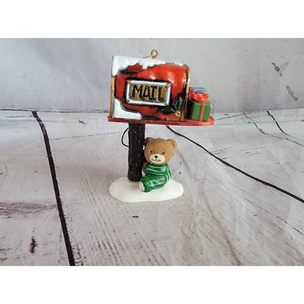 Vintage Christmas Ornament Mailbox W/ Gifts Teddy Bear Plastic 1988 Wang's Int.